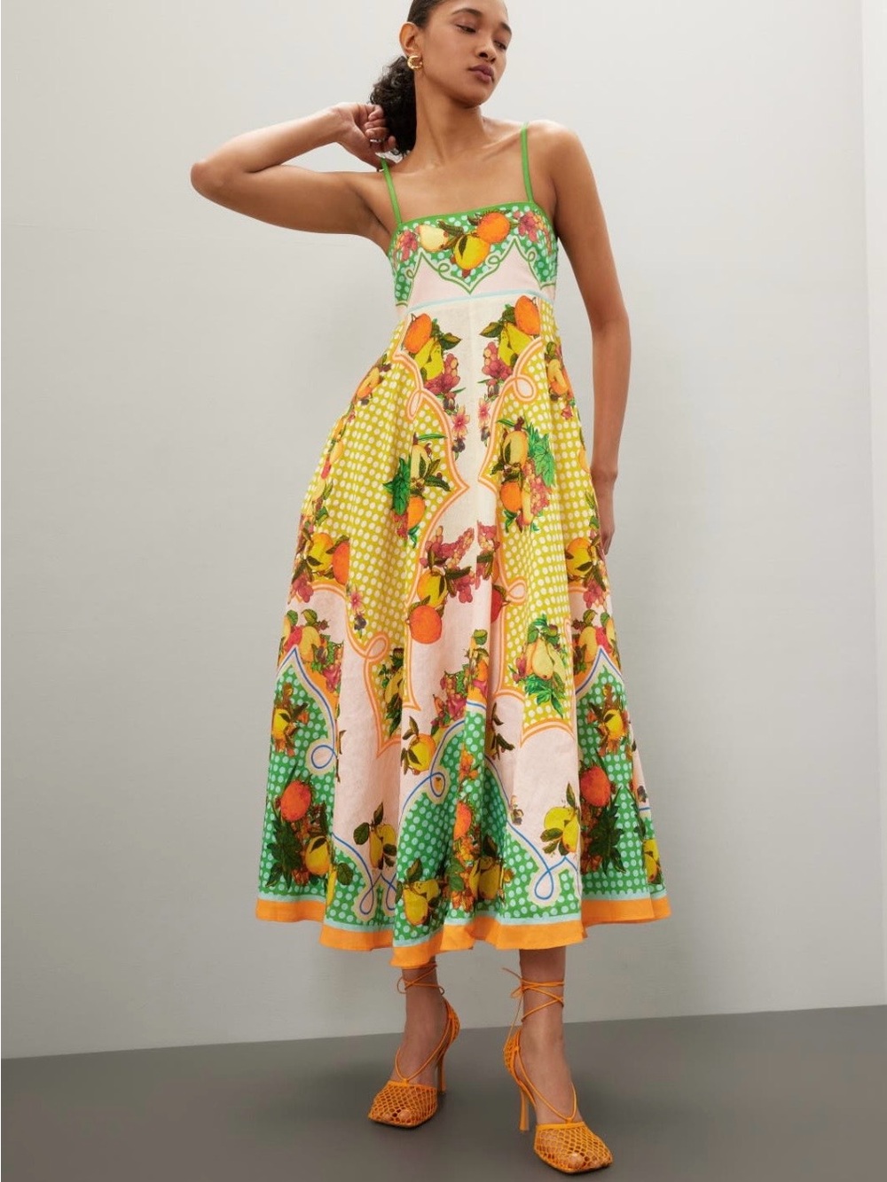 Alemais~Lemonis~Citrus-Print Spaghetti-Strap Midi Dress~Size 0~$595~